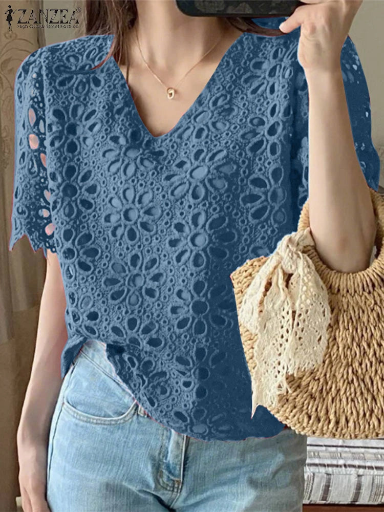 ZANZEA Summer Embroidered Eyelet Blouses for Woman Casual V-Neck Short Sleeve Hollow Out Lace Solid Blusas Mujer Daily Vacation