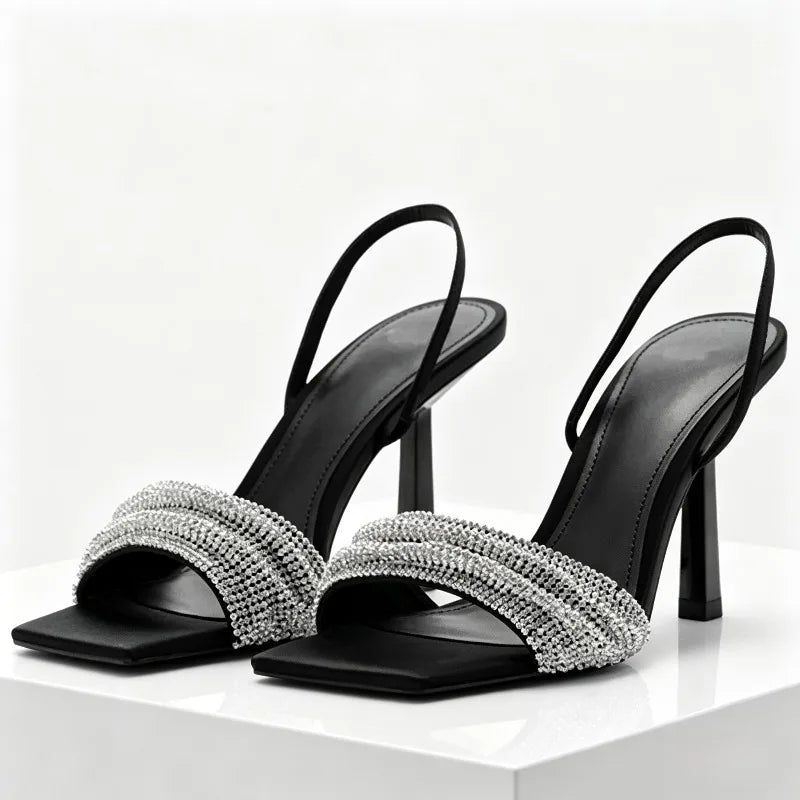 Rhinestone Decorated Slingback Heeled Sandals Women Sexy Square Toe Designer Heels Summer Elegant Party Wedding Shoes for Women