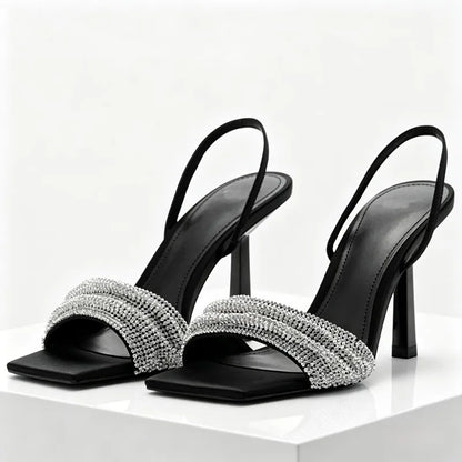 Rhinestone Decorated Slingback Heeled Sandals Women Sexy Square Toe Designer Heels Summer Elegant Party Wedding Shoes for Women