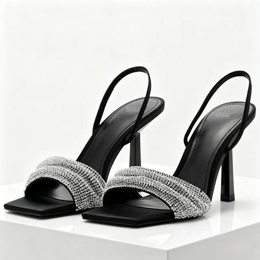 Rhinestone Decorated Slingback Heeled Sandals Women Sexy Square Toe Designer Heels Summer Elegant Party Wedding Shoes for Women