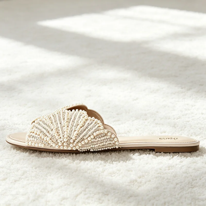 Luxury Faux Pearl Detail Women Slippers Novelty Shiny Appliques Design Flat Sandals for Ladies Summer Comfortable Women's Shoes