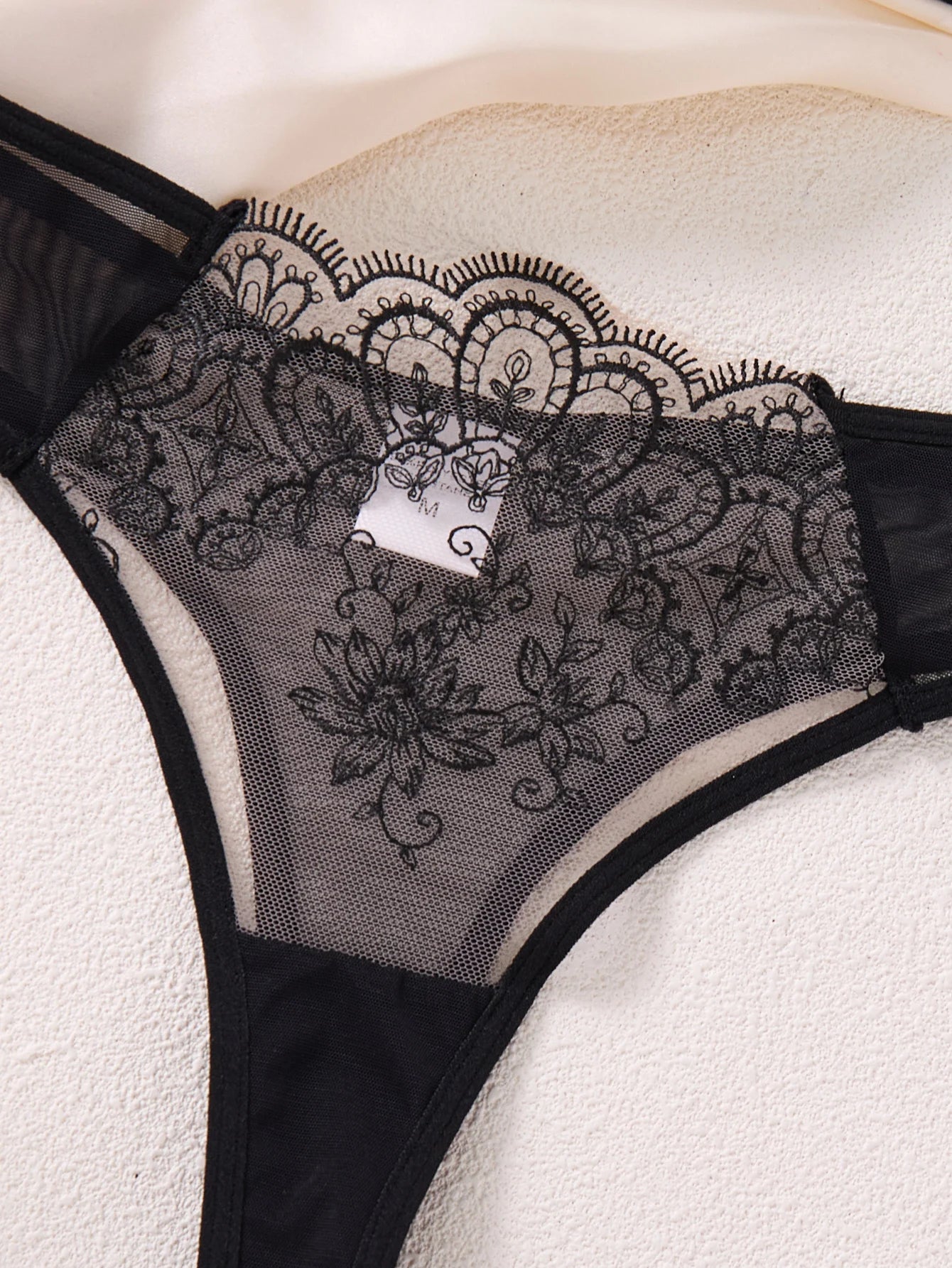 Women Elegant Black Embroidery Lingerie Set Sheer Mesh Underwire Bra T‑back Panty Bow Decor Intimate Wear ZA824057