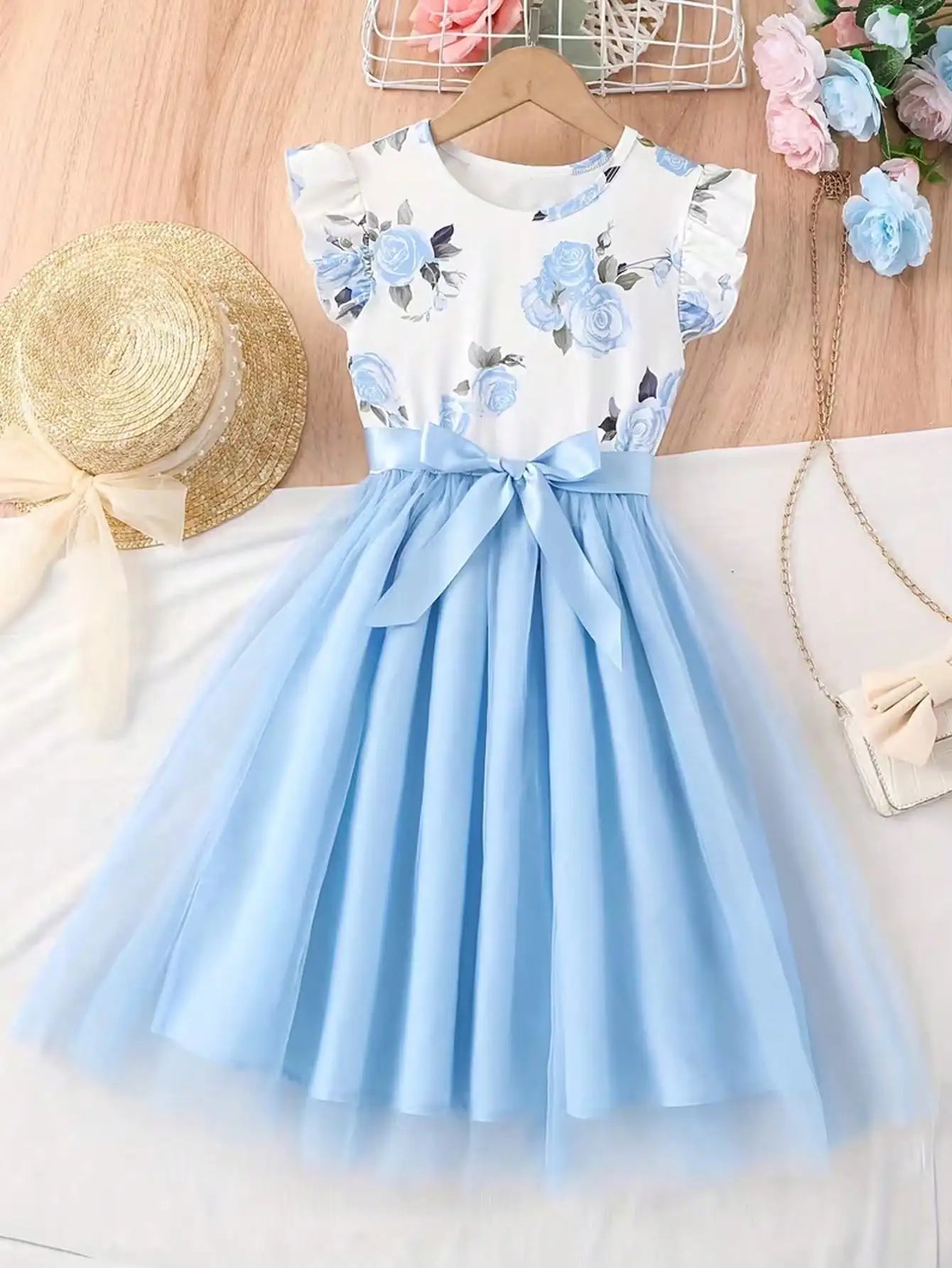 2026 Summer New Collection, Children's and Women's Clothing, Small Flying Sleeve Printed Round Neck Cute Plush Dress