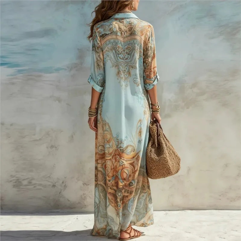 Boho Floral Print Shirt Dresses Women Turn-down Collar Single-breasted Loose Long Dress Summer Casual Beach Vacation Flowy Dress
