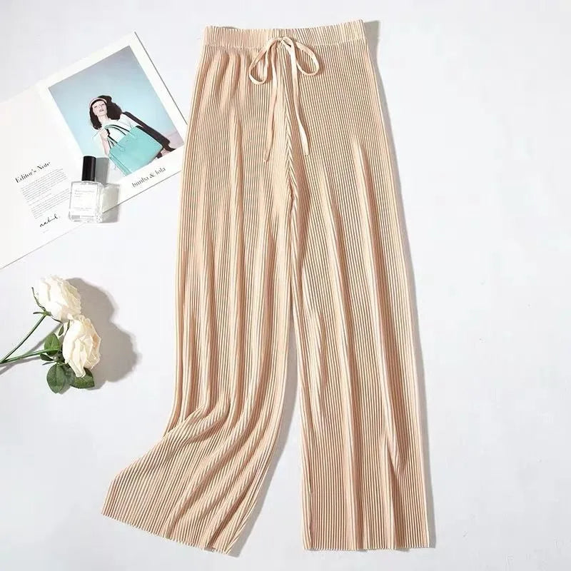 2026 Spring and Summer Loose Chiffon Ice Silk Women's Pants, Pleated Slim Wide-Leg Trousers
