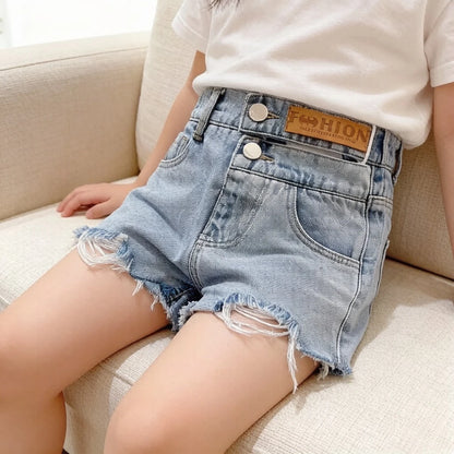 Women's Kids Summer Ripped Denim Shorts with Embossed Logo Casual Wear for Girls Cotton Blend Stretchy Jeans Shorts for Kids