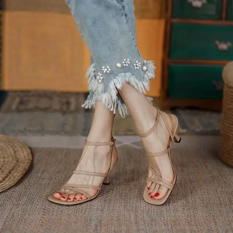 SmallHut New 2026 Trend Ankle Strap Sandals Summer Women Sexy Lady High Heel Red Black Light-Yellow Beige Apricot Buckle Sandals