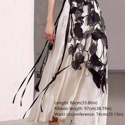 High Waist Lace Midi Skirt Irregular Side Slit Embroidered Flower Lace Drawstring Skirt Hollow Flower Tassels See Through
