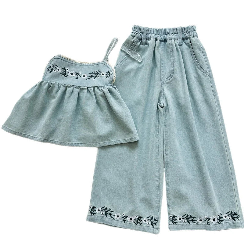 Girls' New Sleeveless Denim Vintage Embroidered Denim Suspender Wide-Leg Pants Two-Piece Set