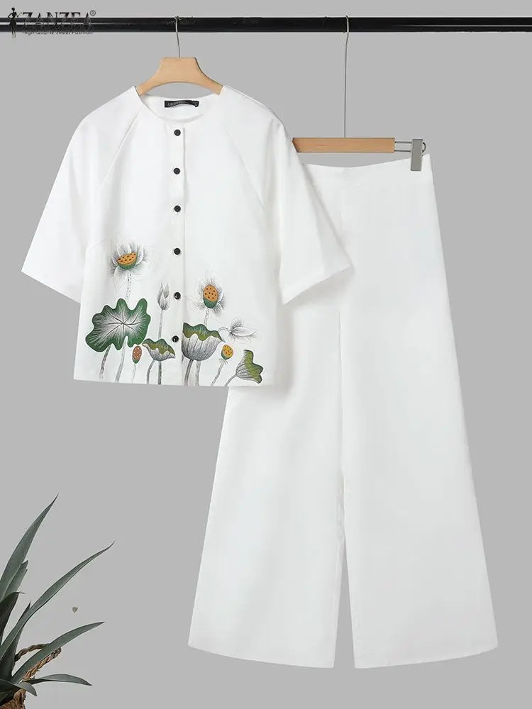 2025 Summer Pant Sets ZANZEA Women 2 Piece Sets O Neck Half Sleeve Shirt Trousers Suits Casual OL Work Outfits Printed Tracksuit