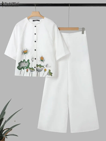 2025 Summer Pant Sets ZANZEA Women 2 Piece Sets O Neck Half Sleeve Shirt Trousers Suits Casual OL Work Outfits Printed Tracksuit