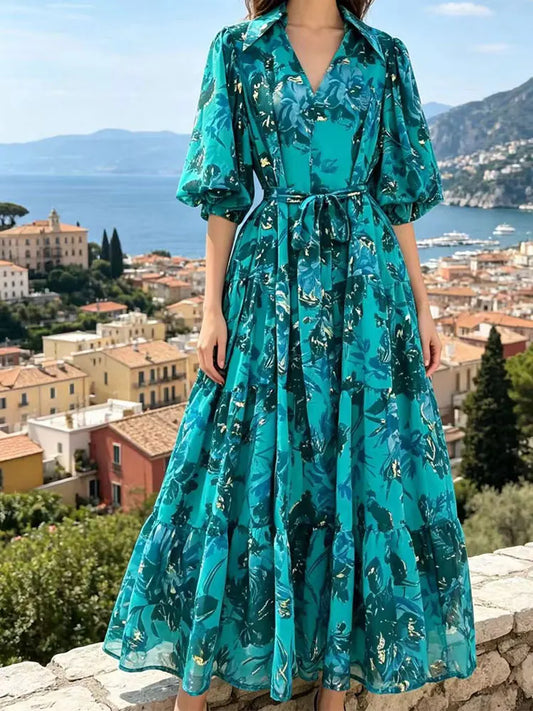 2026 Summer women's new lapel bubble short sleeve printing waist lace-up dress temperament French elegant swing holiday dress.