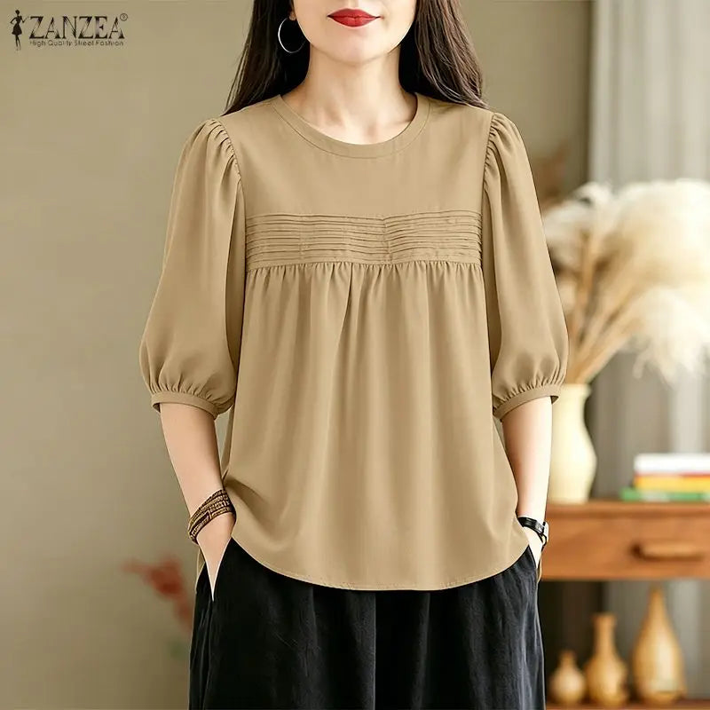 ZANZEA 2026 Summer Casual Pintuck Blouses Woman Round Neck Half Puff Sleeve Solid Color Tops Everyday Wear Comfort Blusas Mujer