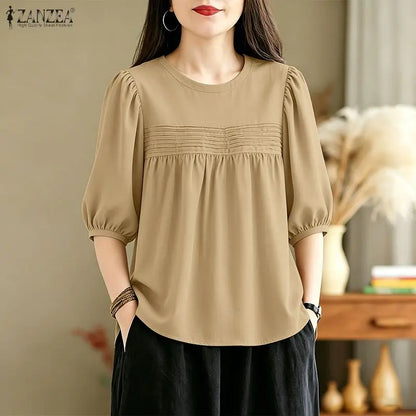 ZANZEA 2026 Summer Casual Pintuck Blouses Woman Round Neck Half Puff Sleeve Solid Color Tops Everyday Wear Comfort Blusas Mujer
