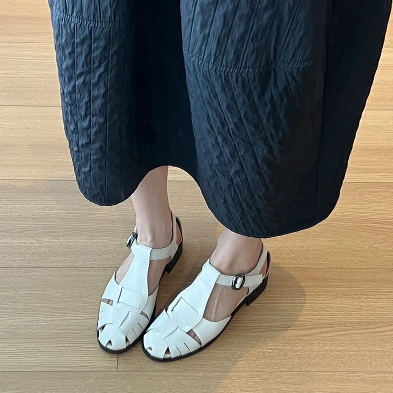 Roman-Style Gladiator Sandals Women Comfort Square-Heel Metal Buckle Straps Flats Sandals Openwork Woven Design Shoes for Women
