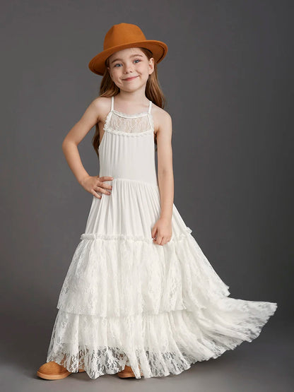 Big Girls Flower Wedding Party Backless Chiffon Dress Princess Kids Bohemia Lace Long Dresses Vestidos Clothing For 3-15 Years