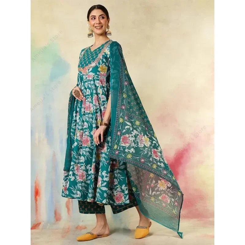 2025 New Indian Traditional Ethnic Embroidered Print 3-Piece Set Women's Outfit Green Cotton Mid-Long Kurta Daily Festival Wear