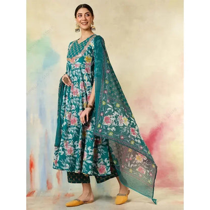 2025 New Indian Traditional Ethnic Embroidered Print 3-Piece Set Women's Outfit Green Cotton Mid-Long Kurta Daily Festival Wear