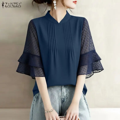 ZANZEA Woman Casual Blouses Pintuck Stand Collar Swiss Dots Patchwork 3/4 Sleeve Tops 2026 Summer Elegant Chic Blusas de Mujer