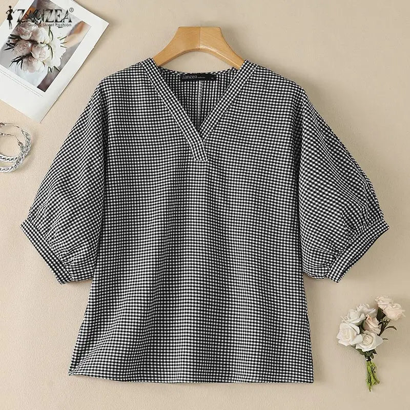 ZANZEA Woman Casual Gingham Check Blouses V-Neck Lantern 3/4 Sleeves Loose Tunic Top 2026 Summer Daily Wear Blusas Mujer S-3XL
