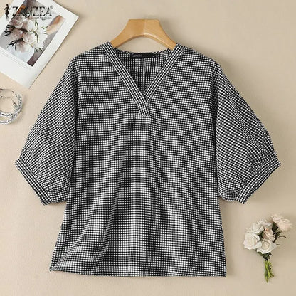 ZANZEA Woman Casual Gingham Check Blouses V-Neck Lantern 3/4 Sleeves Loose Tunic Top 2026 Summer Daily Wear Blusas Mujer S-3XL