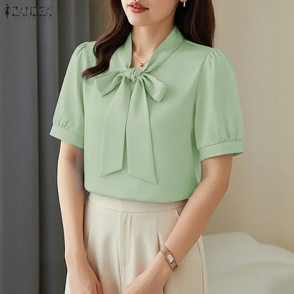 ZANZEA Woman Elegant Minimalist Blouses Bow Tie Neck Half Puff Sleeve Solid Color Tops 2026 Summer Casual Day Blusas de Mujer