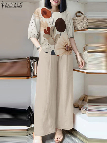 2026 ZANZEA Women Summer Pant Sets Half Sleeve Floral Print Blouse Casual Trouser Suit 2pcs Elegant Work Tracksuits 2-Piece Sets