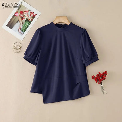 Summer Short Sleeve Tops ZANZEA Elegant Women Blouses Irregular Tops Solid Color Streetwear OL Work Party Tee S-3XL Blusas Tunic