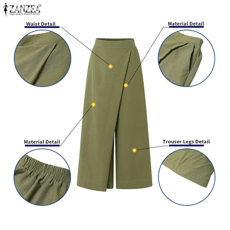 Summer Spring ZANZEA Women Pants Solid Color Loose Female Wide Leg Pants Casual Long Trousers Streetwear Fashion Bottoms