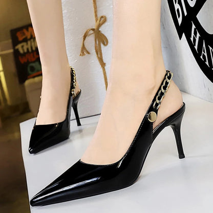BIGTREE Shoes Metal Chain Women Pumps Patent Leather New Women 7 Cm 9.5 Cm Heels Women Summer Stilettos Sandals High Heels