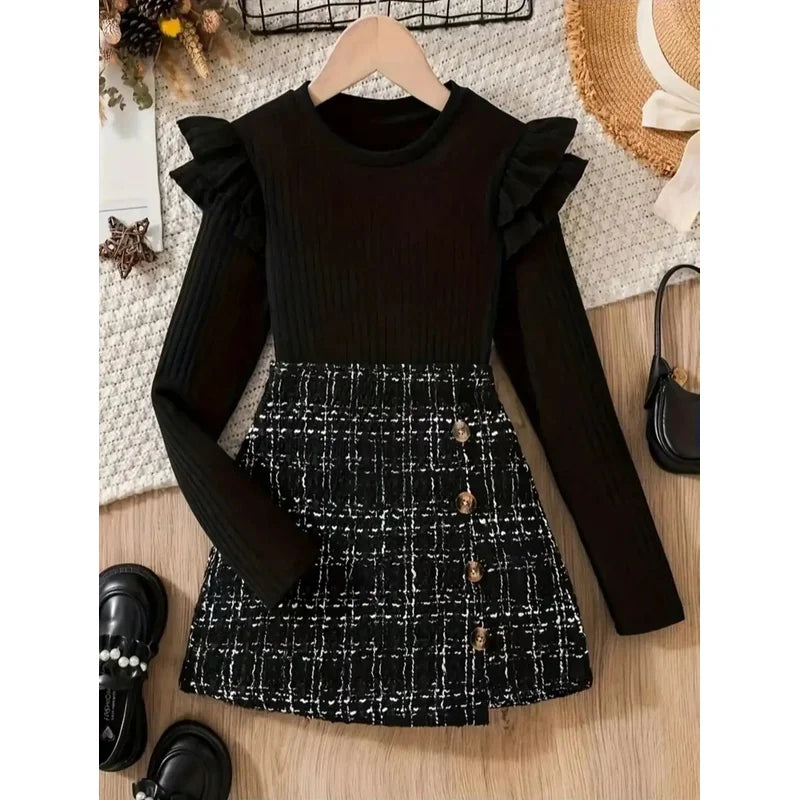 Two piece set: Unique ruffle edge length sleeve top+twill knit skirt, popular style, suitable for daily travel