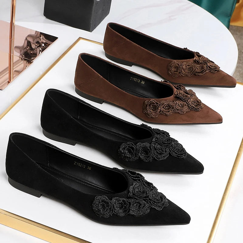BIGTREE Shoes Retro Style Design With Flower Pointed Toe Women's Shoes Comfortable Suede Wedge Heel Shoes Fashion Ladies Shoes