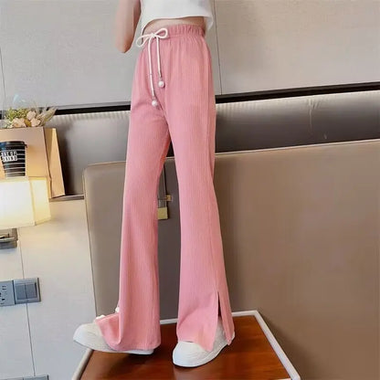 Trendy Ice Silk Girls' Flare Pants 5-12 Years Lightweight Casual Long Pants for Kids Versatile Stylish