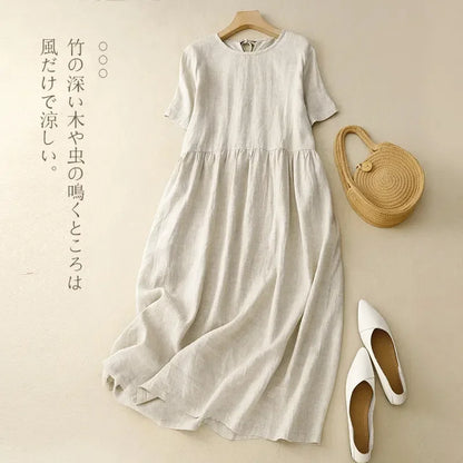 Women's Linen Cotton Casual Dress Round Neck Short Sleeve A-Line Loose Summer Maxi Dress