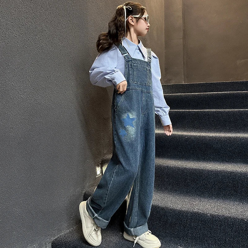 Fashion Children Jeans Overalls for Baby Girls Kids Blue Denim Jumpsuit Suspender Pants with Straps Age 5 6 7 8 9 10 11 12 13 14