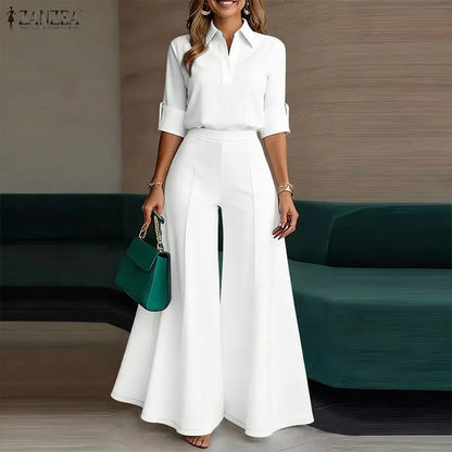 ZANZEA Elegant Woman Pant Suits Half-Button Long Sleeve Shirt & Wide Leg Pant 2 Pieces Sets Women's Casual Office Wear Outfits
