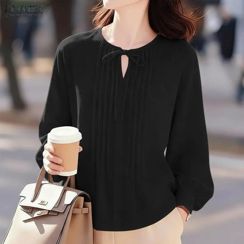 ZANZEA Woman Pintuck Details White Blouses Elegant Lace-Up V-Neck Long Sleeve Top Spring Summer Casual Loose Blusas de Mujer 3XL