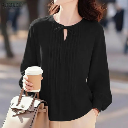 ZANZEA Woman Pintuck Details White Blouses Elegant Lace-Up V-Neck Long Sleeve Top Spring Summer Casual Loose Blusas de Mujer 3XL