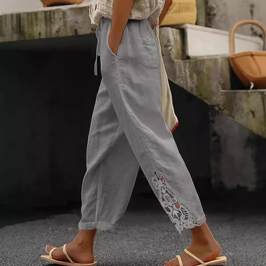 2026 Women's Pants Elastic Waist Solid Color Lace Spliced Drawstring Pocket Simple Fashion Basic Casual 9-point Pants