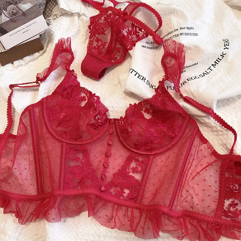 Hot Sale French Sexy Lingerie Set for Women Ultra Thin See Through Bra Panty Set Embroidery Lace Shaping Camisole Underwear Set