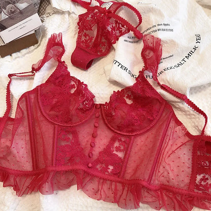 Hot Sale French Sexy Lingerie Set for Women Ultra Thin See Through Bra Panty Set Embroidery Lace Shaping Camisole Underwear Set