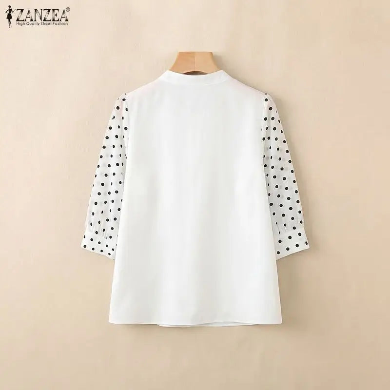 ZANZEA Women Elegant Gathered Blouses Spring Polka Dot 3/4 Puff Sleeves Stand Collar Tops Summer Daily Casual Blusas de Mujer