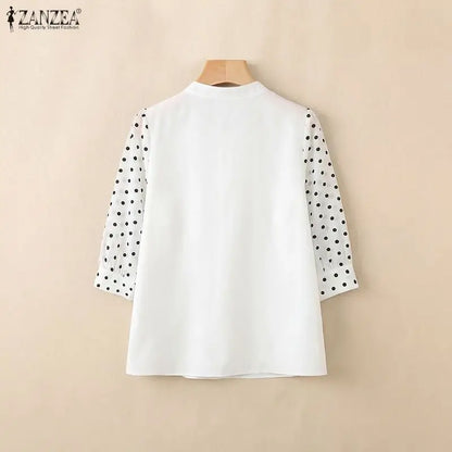 ZANZEA Women Elegant Gathered Blouses Spring Polka Dot 3/4 Puff Sleeves Stand Collar Tops Summer Daily Casual Blusas de Mujer