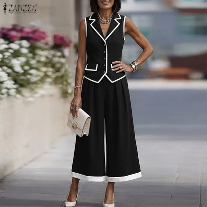 ZANZEA Women Stylish Pant Sets Contrast-Color Lapel Collar Vest Tops & Wide Leg Cropped Pants 2 Piece Suits Elegant Work Outfits