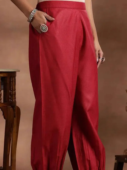 Indian Women's Clothing New Ethnic Style Red Spring Summer V-neck Cotton Blend Three-quarter Sleeve Jacquard Three-piece Set