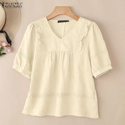 ZANZEA Women Blouse Lace Patchwork Tops Ruffles Tee Casual Summer V Neck Puff Half Sleeve Blusas OL Work Party Tunic Streetwear