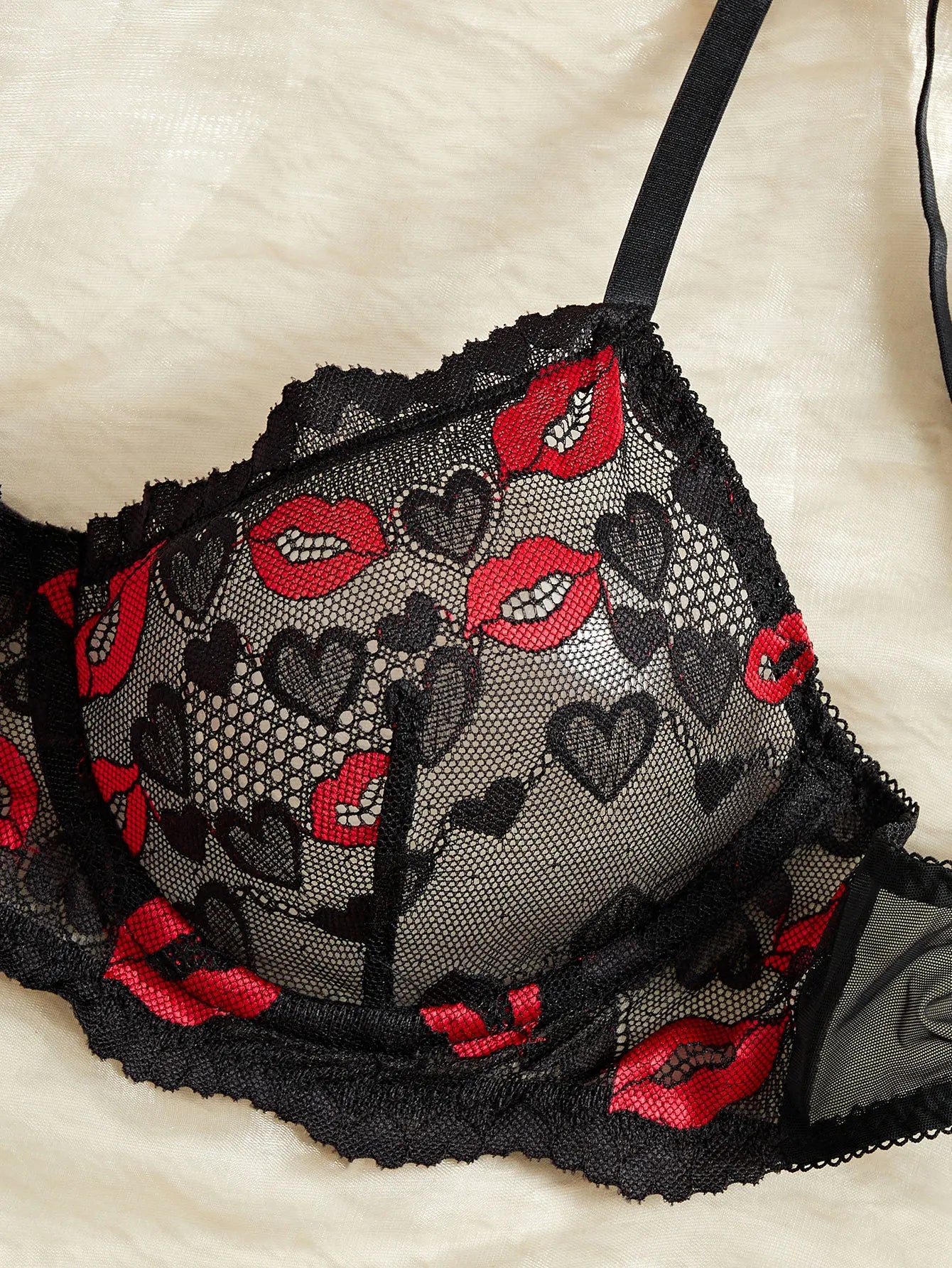 Sheer Mesh Lingerie Set Red Lips Print Bra Thong Adjustable Back Band Hollow Out Sexy Push Up Gift