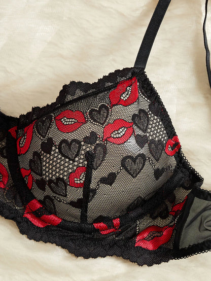 Sheer Mesh Lingerie Set Red Lips Print Bra Thong Adjustable Back Band Hollow Out Sexy Push Up Gift