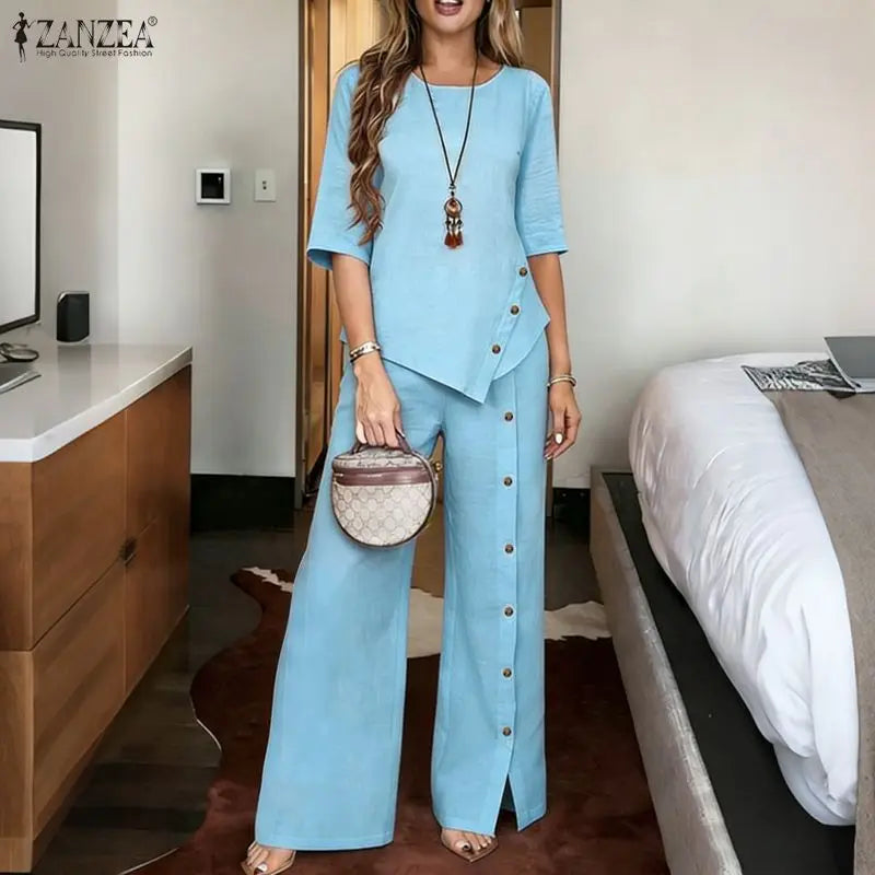 ZANZEA Fashion Summer Half Sleeve Blouse Pant Sets 2026 Women Matching Sets 2PCS OL Work OutfitsAsymmetrical Tops Trousers Suit