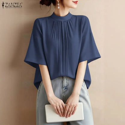 ZANZEA Elegant Loose Blouses Women's Stand Collar Half Sleeves Pleated Tops Summer Daily Casual Solid Color Blusas de Mujer